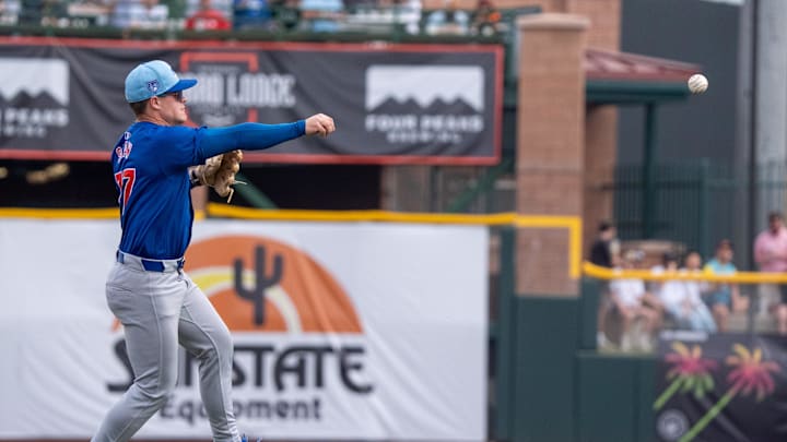 Feb 24, 2024; Scottsdale, Arizona, USA; Chicago Cubs infielder Matt Shaw (77) throws to first base