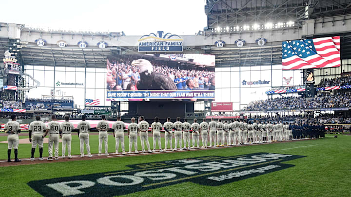 Oct 4, 2025; Milwaukee, Wisconsin, USA; A general view during the national anthem before game one of the NLDS round for the 2025 MLB playoffs between the Chicago Cubs and Milwaukee Brewers at American Family Field. Mandatory Credit: Benny Sieu-Imagn Images