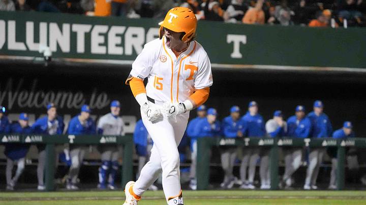 Tennessee infielder/outfielder Hunter High (15) reacts to hitting a three-run homer at the Tennessee baseball season opener against Hofstra, in Lindsey Nelson Stadium at University of Tennessee in Knoxville, Tenn., Friday, February. 14, 2025.