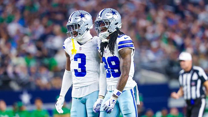 Nov 23, 2025; Arlington, Texas, USA; Dallas Cowboys wide receiver George Pickens (3) and Dallas Cowboys wide receiver CeeDee Lamb (88) react during the game against the Philadelphia Eagles at AT&T Stadium. Nov 23, 2025; Arlington, Texas, USA; Dallas Cowboys wide receiver George Pickens (3) and Dallas Cowboys wide receiver CeeDee Lamb (88) react during the game against the Philadelphia Eagles at AT&T Stadium.