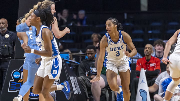 Mar 28, 2025; Birmingham, AL, USA; Duke basketball guard Ashlon Jackson (3) celebrates her score against the North Carolina Tar Heels during the Sweet 16 NCAA Tournament basketball game at Legacy Arena.