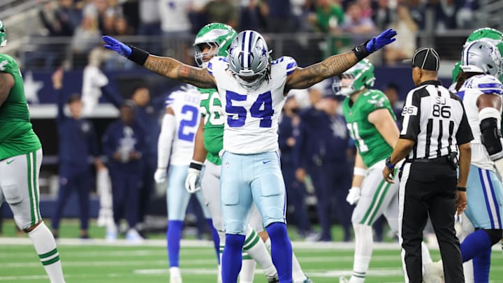 Nov 23, 2025; Arlington, Texas, USA; Dallas Cowboys defensive end Sam Williams (54) reacts after a play in the fourth quarter against the Philadelphia Eagles at AT&T Stadium. Mandatory Credit: Kevin Jairaj-Imagn Images