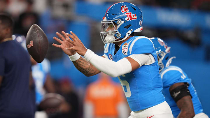 Ole Miss Rebels quarterback Trinidad Chambliss (6) warms up before their Vrbo Fiesta Bowl matchup against the Miami Hurricanes at State Farm Stadium in Glendale, on Jan. 8, 2026.