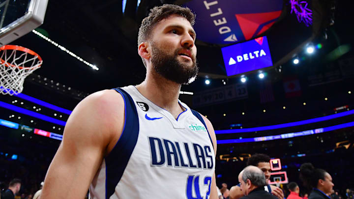 Mar 17, 2023; Los Angeles, California, USA; Dallas Mavericks forward Maxi Kleber (42) reacts after scoring a three point basket for the game victory against the Los Angeles Lakers  at Crypto.com Arena. Mandatory Credit: Gary A. Vasquez-Imagn Images