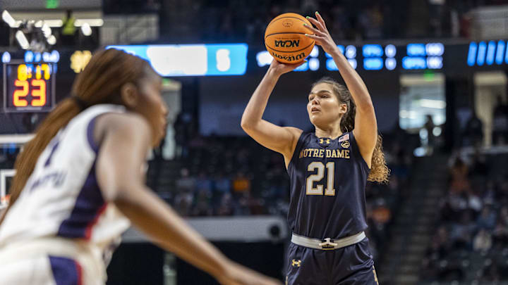 Mar 29, 2025; Birmingham, AL, USA; Notre Dame Fighting Irish forward Maddy Westbeld (21) shoots during the first half of a Sweet 16 NCAA Tournament basketball game against the TCU Horned Frogs at Legacy Arena. Mandatory Credit: Vasha Hunt-Imagn Images