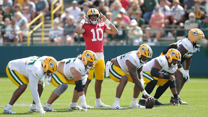 Green Bay Packers quarterback Jordan Love (10) leads drills during the sixth day of training camp on Tuesday. Green Bay Packers quarterback Jordan Love (10) leads drills during the sixth day of training camp on Tuesday.