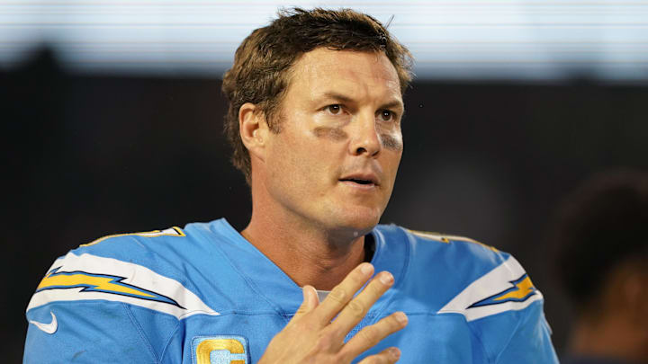 Nov 7, 2019; Oakland, CA, USA; Los Angeles Chargers quarterback Philip Rivers (17) walks on the sideline during the fourth quarter against the Oakland Raiders at Oakland Coliseum.