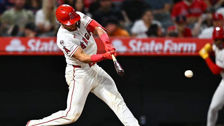 Jun 27, 2026; Anaheim, California, USA; Los Angeles Angels catcher Logan O'Hoppe (14) hits an RBI single during the eighth inning against the Athletics at Angel Stadium. Mandatory Credit: William Liang-Imagn Images Jun 27, 2026; Anaheim, California, USA; Los Angeles Angels catcher Logan O'Hoppe (14) hits an RBI single during the eighth inning against the Athletics at Angel Stadium. Mandatory Credit: William Liang-Imagn Images