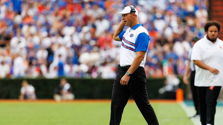 Oct 10, 2026; Gainesville, Florida, USA;  Florida Gators head coach Jon Sumrall walks on the field against the South Carolina Gamecocks during the second half at Ben Hill Griffin Stadium.  Mandatory Credit: Matt Pendleton-Imagn Images
