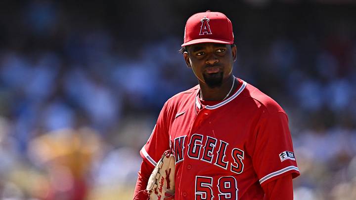 Jun 7, 2026; Los Angeles, California, USA;  Los Angeles Angels pitcher José Soriano (59) reacts after giving up back-to-back home runs to the Los Angeles Dodgers during the sixth inning at Dodger Stadium. Mandatory Credit: William Liang-Imagn Images