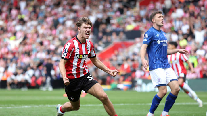 Tyler Dibling celebrates opening the score against Ipswich Town