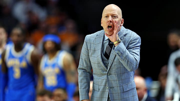 Mar 22, 2025; Lexington, KY, USA; UCLA Bruins head coach Mick Cronin reacts during the first half against the Tennessee Volunteers in the second round of the NCAA Tournament at Rupp Arena. Mandatory Credit: Jordan Prather-Imagn Images