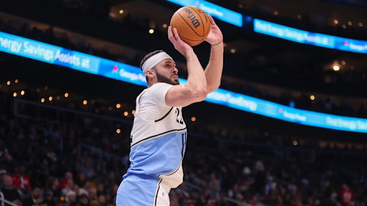 Dec 26, 2024; Atlanta, Georgia, USA; Atlanta Hawks forward Larry Nance Jr. (22) shoots against the Chicago Bulls in the second quarter at State Farm Arena. Mandatory Credit: Brett Davis-Imagn Images