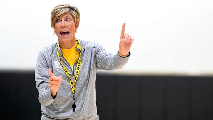 Iowa head coach Jan Jensen speaks to her team during a women’s basketball practice July 22, 2025 at Carver-Hawkeye Arena in Iowa City, Iowa.