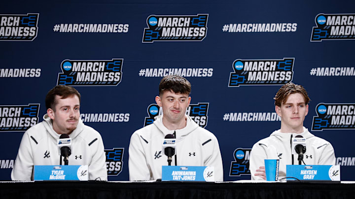 Mar 19, 2025; Denver, CO, USA; (from left to right) UC San Diego Tritons players Tyler McGhie and Aniwaniwa Tait-Jones and Hayden Gray during a press conference at Ball Arena. Mandatory Credit: Isaiah J. Downing-Imagn Images
