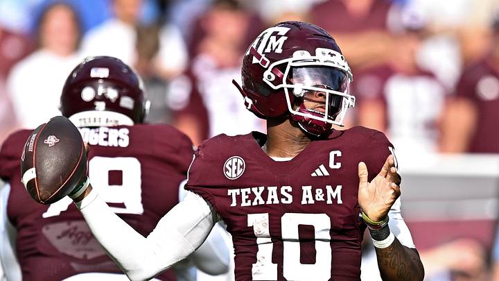 Sep 19, 2026; College Station, Texas, USA;  Texas A&M Aggies quarterback Marcel Reed (10) looks to pass the ball during the fourth quarter against the Kentucky Wildcats at Kyle Field. Mandatory Credit: Maria Lysaker-Imagn Images