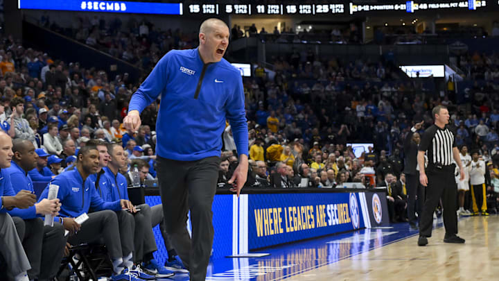 Mar 12, 2026; Nashville, TN, USA;  Kentucky Wildcats head coach Mark Pope yells to his team against the Missouri Tigers during the second half at Bridgestone Arena. Mandatory Credit: Steve Roberts-Imagn Images
