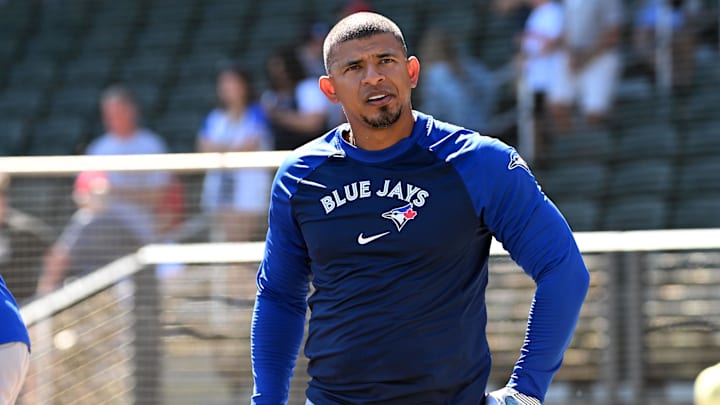 Mar 20, 2024; North Port, Florida, USA; Toronto Blue Jays third baseman Eduardo Escobar (3) watches