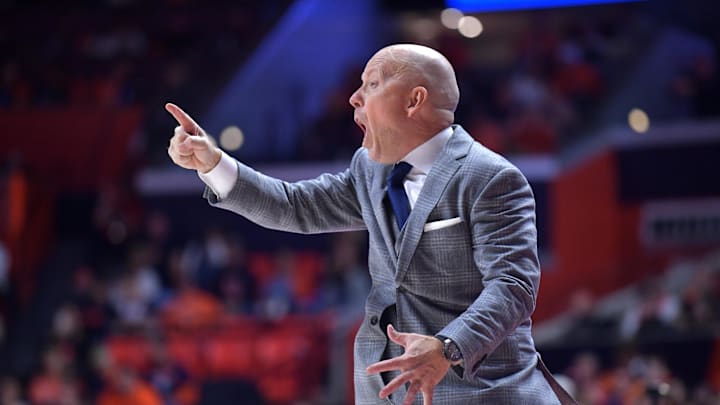 Feb 11, 2025; Champaign, Illinois, USA;  UCLA Bruins head coach Mick Cronin reacts during the second half against the Illinois Fighting Illini at State Farm Center. Mandatory Credit: Ron Johnson-Imagn Images