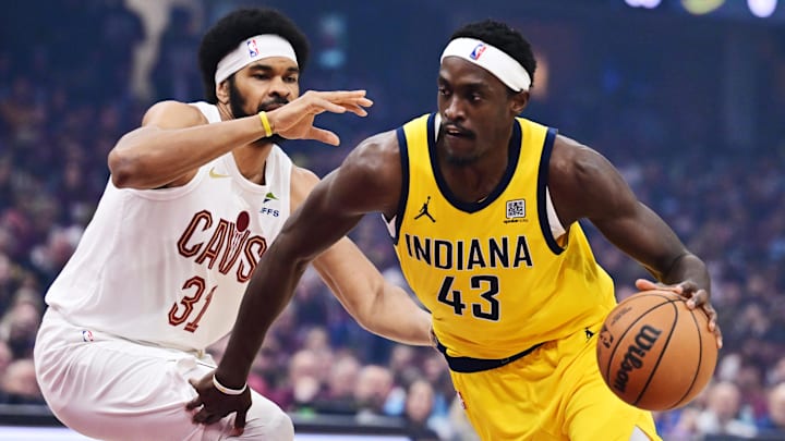 May 4, 2025; Cleveland, Ohio, USA; Indiana Pacers forward Pascal Siakam (43) drives to the basket against Cleveland Cavaliers center Jarrett Allen (31) during the first quarter in game one of the second round for the 2025 NBA Playoffs at Rocket Arena. Mandatory Credit: Ken Blaze-Imagn Images