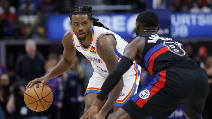 Mar 15, 2025; Detroit, Michigan, USA; Oklahoma City Thunder guard Cason Wallace (22) is defended by Detroit Pistons forward Tim Hardaway Jr. (8) in the second half at Little Caesars Arena. Mandatory Credit: Rick Osentoski-Imagn Images Mar 15, 2025; Detroit, Michigan, USA; Oklahoma City Thunder guard Cason Wallace (22) is defended by Detroit Pistons forward Tim Hardaway Jr. (8) in the second half at Little Caesars Arena. Mandatory Credit: Rick Osentoski-Imagn Images
