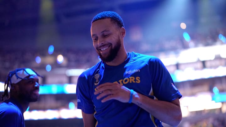 Oct 27, 2025; San Francisco, California, USA; Golden State Warriors guard Stephen Curry (30) is introduced before the start of the game against the Memphis Grizzlies at the Chase Center. Mandatory Credit: Cary Edmondson-Imagn Images