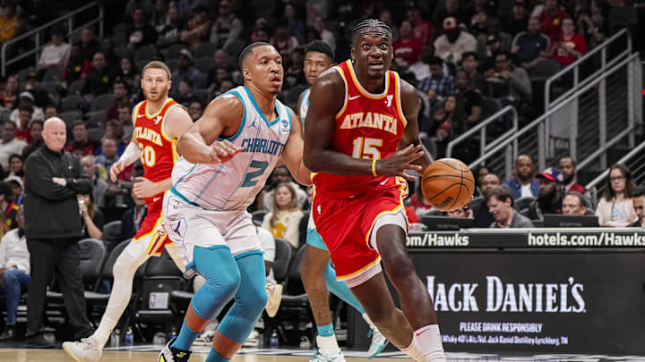 Apr 10, 2024; Atlanta, Georgia, USA; Atlanta Hawks center Clint Capela (15) drives past Charlotte