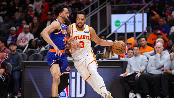 Apr 30, 2026; Atlanta, Georgia, USA; Atlanta Hawks guard CJ McCollum (3) is defended by New York Knicks guard Landry Shamet (44) in the fourth quarter during game six of the first round of the 2026 NBA Playoffs at State Farm Arena. Mandatory Credit: Brett Davis-Imagn Images Apr 30, 2026; Atlanta, Georgia, USA; Atlanta Hawks guard CJ McCollum (3) is defended by New York Knicks guard Landry Shamet (44) in the fourth quarter during game six of the first round of the 2026 NBA Playoffs at State Farm Arena. Mandatory Credit: Brett Davis-Imagn Images