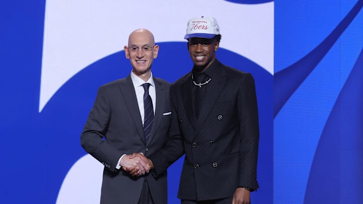 Jun 25, 2025; Brooklyn, NY, USA; VJ Edgecombe stands with NBA commissioner Adam Silver after being selected as the third pick by the Philadelphia 76ers in the first round of the 2025 NBA Draft at Barclays Center. Mandatory Credit: Brad Penner-Imagn Images Jun 25, 2025; Brooklyn, NY, USA; VJ Edgecombe stands with NBA commissioner Adam Silver after being selected as the third pick by the Philadelphia 76ers in the first round of the 2025 NBA Draft at Barclays Center. Mandatory Credit: Brad Penner-Imagn Images