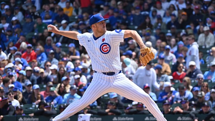 May 26, 2025; Chicago, Illinois, USA; Chicago Cubs starting pitcher Jameson Taillon (50) pitches during the first inning against the Colorado Rockies at Wrigley Field. 
