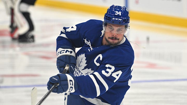 Sep 22, 2024; Toronto, Ontario, CAN;  Toronto Maple Leafs forward Auston Matthews (34) warms up before playing the Ottawa Senators at Scotiabank Arena. Mandatory Credit: Dan Hamilton-Imagn Images