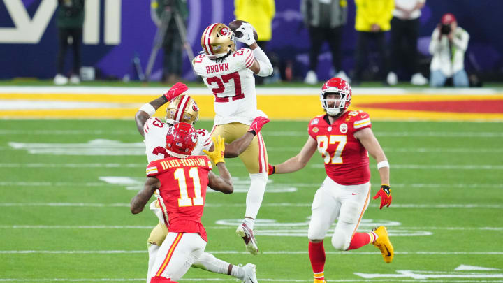 Feb 11, 2024; Paradise, Nevada, USA; San Francisco 49ers safety Ji'Ayir Brown (27) intercepts a pass intended for Kansas City Chiefs wide receiver Marquez Valdes-Scantling (11) in the second half in Super Bowl LVIII at Allegiant Stadium. Mandatory Credit: Stephen R. Sylvanie-USA TODAY Sports