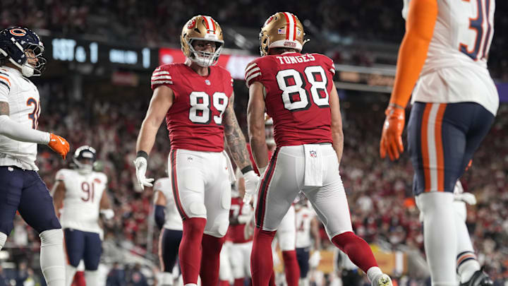 Dec 28, 2025; Santa Clara, California, USA; San Francisco 49ers tight end Jake Tonges (88) celebrates with tight end Luke Farrell (89) after scoring a touchdown against the Chicago Bears in the first half at Levi's Stadium. Mandatory Credit: Kyle Terada-Imagn Images