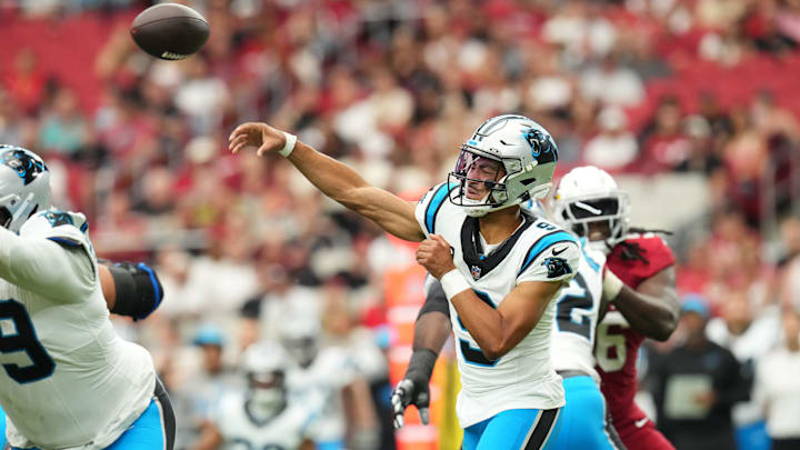 Carolina Panthers quarterback Bryce Young (9) throws a pass against the Arizona Cardinals at State Farm Stadium on Sept 14, 2025.