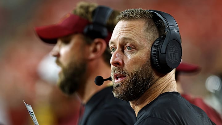 Aug 25, 2024; Landover, Maryland, USA; Washington Commanders head coach Kliff Kingsbury looks on during the third quarter against the New England Patriots during a preseason game at Commanders Field. Mandatory Credit: Peter Casey-Imagn Images