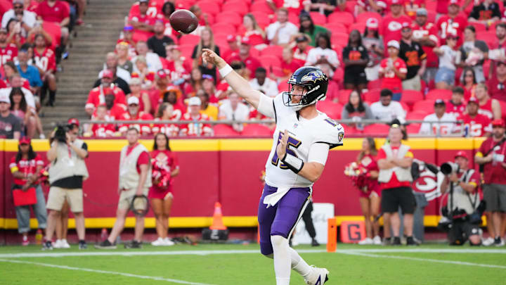 Sep 28, 2025; Kansas City, Missouri, USA; Baltimore Ravens quarterback Cooper Rush (15) makes a pass during the fourth quarter against the Kansas City Chiefs at GEHA Field at Arrowhead Stadium. Mandatory Credit: Denny Medley-Imagn Images