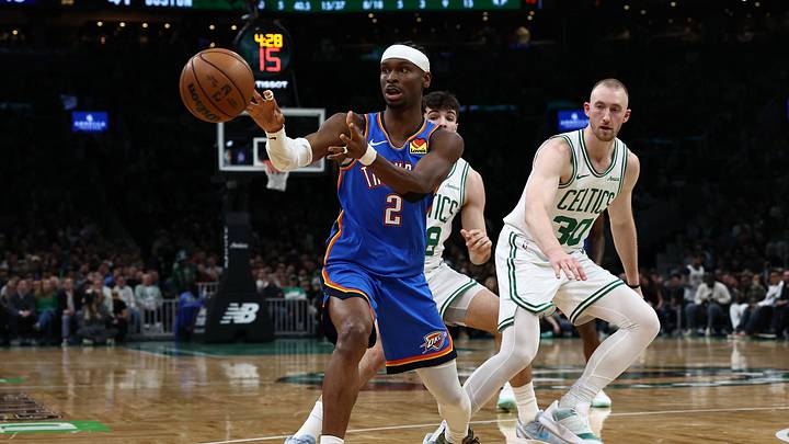 Mar 25, 2026; Boston, Massachusetts, USA; Oklahoma City Thunder guard Shai Gilgeous-Alexander (2) passes out of traffic during the second quarter against the Boston Celtics at TD Garden. Mandatory Credit: Winslow Townson-Imagn Images