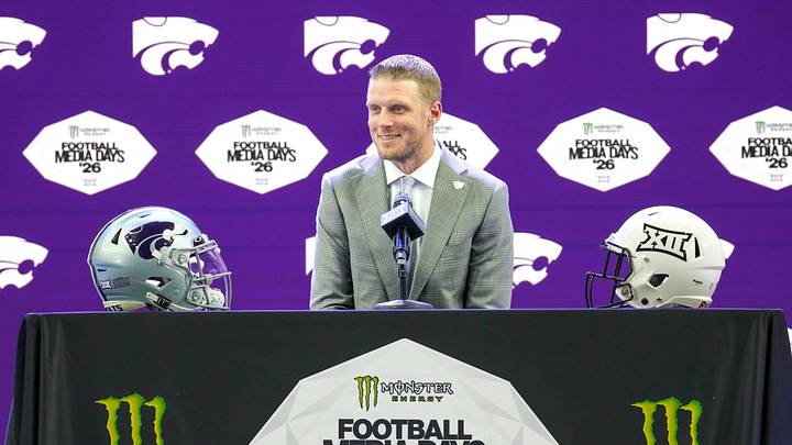 Jul 8, 2026; Frisco, TX, USA; Kansas State head coach Collin Klein speaks to reporters during Big 12 Conference Football Media Days at The Star. Mandatory Credit: Raymond Carlin III-Imagn Images Jul 8, 2026; Frisco, TX, USA; Kansas State head coach Collin Klein speaks to reporters during Big 12 Conference Football Media Days at The Star. Mandatory Credit: Raymond Carlin III-Imagn Images