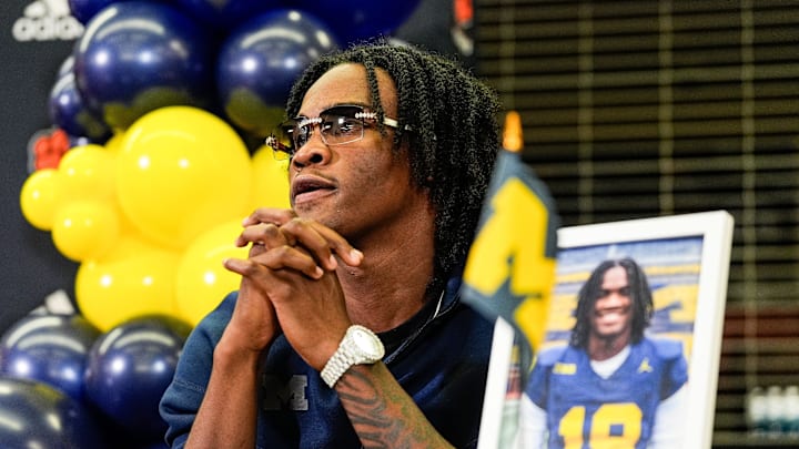Michigan football signee Bryce Underwood looks on during national signing day at Belleville High School in Belleville on Wednesday, Dec. 4, 2024.