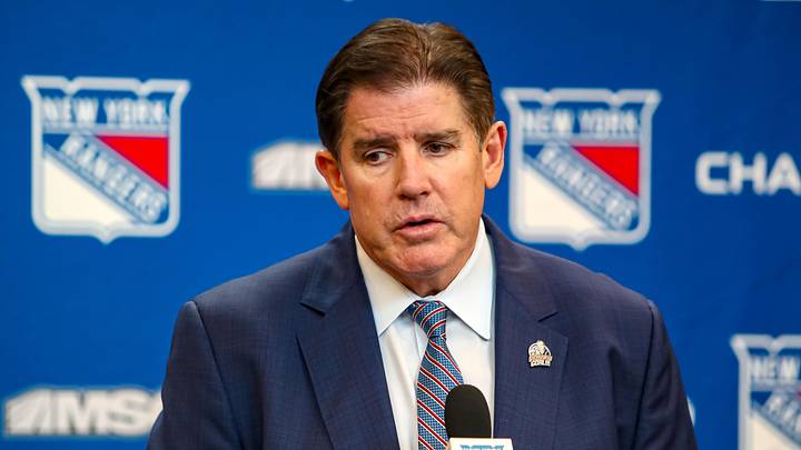Mar 22, 2025; New York, New York, USA; New York Rangers head coach Peter Laviolette speaks with the media after a 5-3 win against the Vancouver Canucks at Madison Square Garden. Mandatory Credit: Danny Wild-Imagn Images