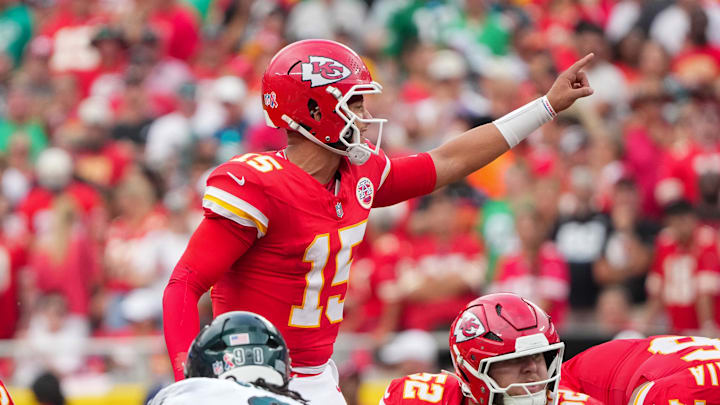 Sep 14, 2025; Kansas City, Missouri, USA; Kansas City Chiefs quarterback Patrick Mahomes (15) gestures at the line of scrimmage against the Philadelphia Eagles during the game at GEHA Field at Arrowhead Stadium. Mandatory Credit: Denny Medley-Imagn Images