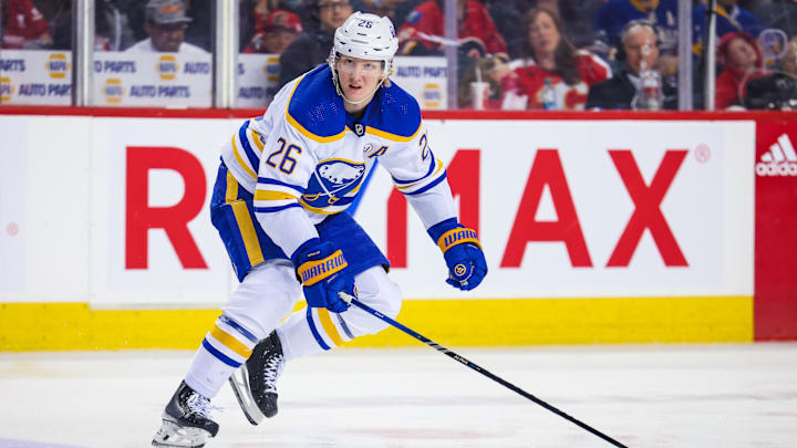 Mar 24, 2024; Calgary, Alberta, CAN; Buffalo Sabres defenseman Rasmus Dahlin (26) skates against the Calgary Flames during the third period at Scotiabank Saddledome. Mandatory Credit: Sergei Belski-Imagn Images
