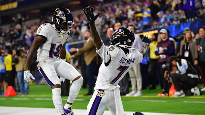 Nov 25, 2024; Inglewood, California, USA; Baltimore Ravens wide receiver Rashod Bateman (7) celebrates his touchdown scored against the Los Angeles Chargers with wide receiver Diontae Johnson (18) during the first half at SoFi Stadium. Mandatory Credit: Gary A. Vasquez-Imagn Images