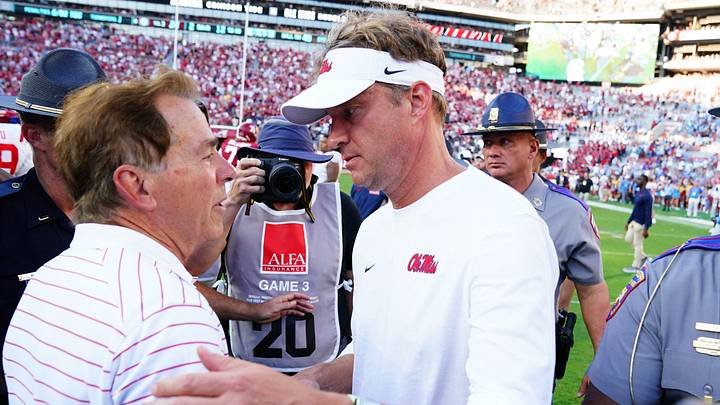 The relationship between Nick Saban and Lane Kiffin got a genial airing thanks to ESPN on College GameDay. (John David Mercer-USA TODAY Sports)