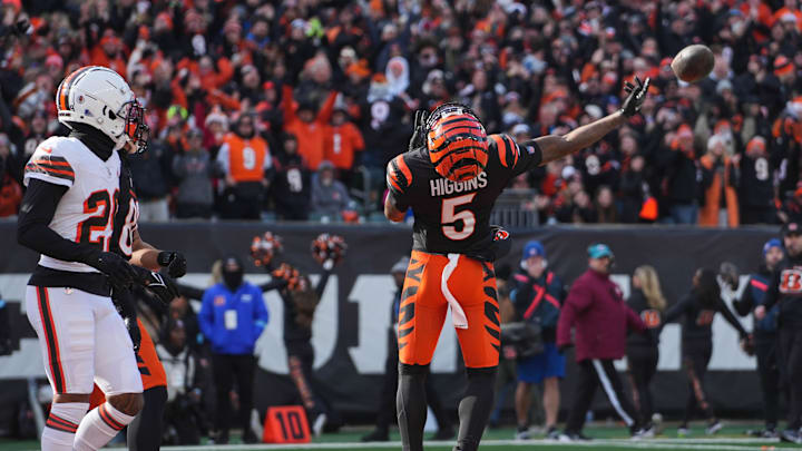 Bengals Tee Higgins (5) celebrates after catching a touchdown pass during their game against the Browns at Paycor Stadium on Sunday December 22, 2024. Bengals lead the game at halftime with a score of 17-0.