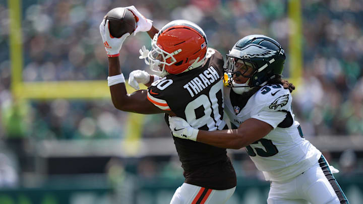 Cleveland Browns wide receiver Jamari Thrash (80) makes a reception against Philadelphia Eagles cornerback Brandon Johnson. Cleveland Browns wide receiver Jamari Thrash (80) makes a reception against Philadelphia Eagles cornerback Brandon Johnson.