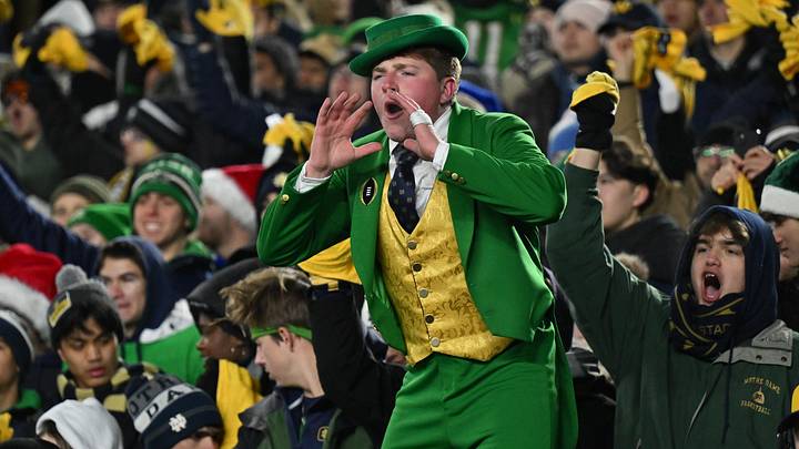 Dec 20, 2024; Notre Dame, Indiana, USA; The mascot for the Notre Dame Fighting Irish during the third quarter against the Indiana Hoosiers at Notre Dame Stadium. Mandatory Credit: Matt Cashore-Imagn Images Dec 20, 2024; Notre Dame, Indiana, USA; The mascot for the Notre Dame Fighting Irish during the third quarter against the Indiana Hoosiers at Notre Dame Stadium. Mandatory Credit: Matt Cashore-Imagn Images