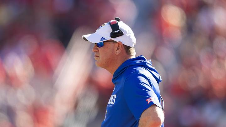Nov 8, 2025; Tucson, Arizona, USA; Kansas Jayhawks head coach Lance Leipold against the Arizona Wildcats at Arizona Stadium. Mandatory Credit: Mark J. Rebilas-Imagn Images Nov 8, 2025; Tucson, Arizona, USA; Kansas Jayhawks head coach Lance Leipold against the Arizona Wildcats at Arizona Stadium. Mandatory Credit: Mark J. Rebilas-Imagn Images