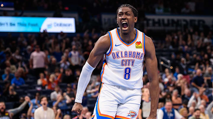 Oct 9, 2023; Oklahoma City, Oklahoma, USA; Oklahoma City Thunder forward Jalen Williams (8) reacts after scoring a basket against the San Antonio Spurs during the first half at Paycom Center. Mandatory Credit: Rob Ferguson-Imagn Images