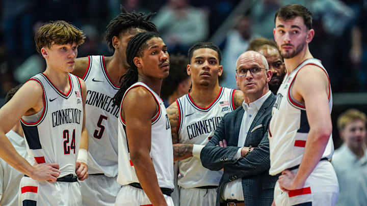 Jan 10, 2026; Hartford, Connecticut, USA; UConn Huskies head coach Dan Hurley talks with his players during a break as they take on the DePaul Blue Demons at PeoplesBank Arena. Mandatory Credit: David Butler II-Imagn Images